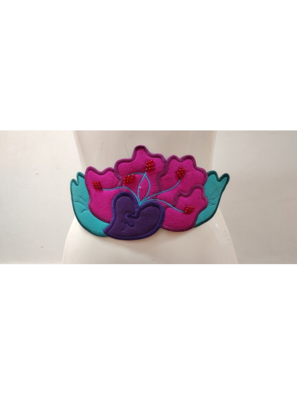 Ellen Edith Wide Belt Handmade Sash Silk Beaded Fuchsia Purple Teal 80s Vintage